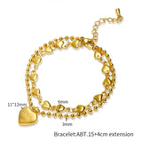 316L Stainless Steel Double Heart Charm Bracelet Beaded Chain Women Wrist