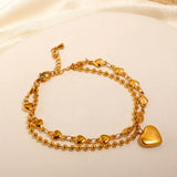 316L Stainless Steel Double Heart Charm Bracelet Beaded Chain Women Wrist
