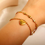 316L Stainless Steel Double Heart Charm Bracelet Beaded Chain Women Wrist