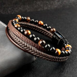 Braided Leather Bracelets Set Tiger Eyes Stone Beads Ethnic Tribal Wristband