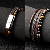 Braided Leather Bracelets Set Tiger Eyes Stone Beads Ethnic Tribal Wristband