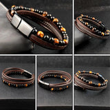 Braided Leather Bracelets Set Tiger Eyes Stone Beads Ethnic Tribal Wristband