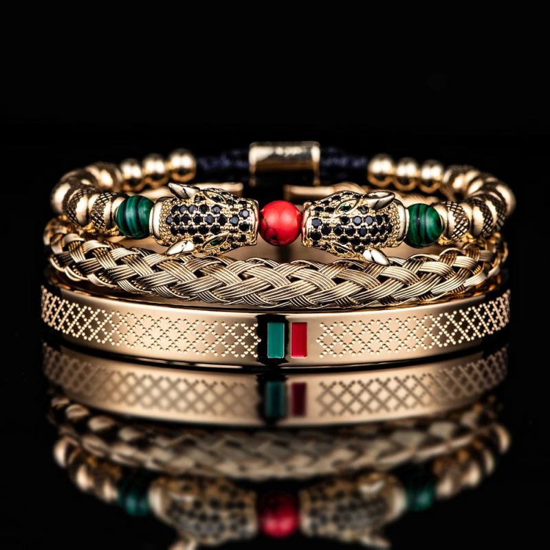 Leopard Head Enamel Green Red Bracelet Stainless Steel Men Jewelry