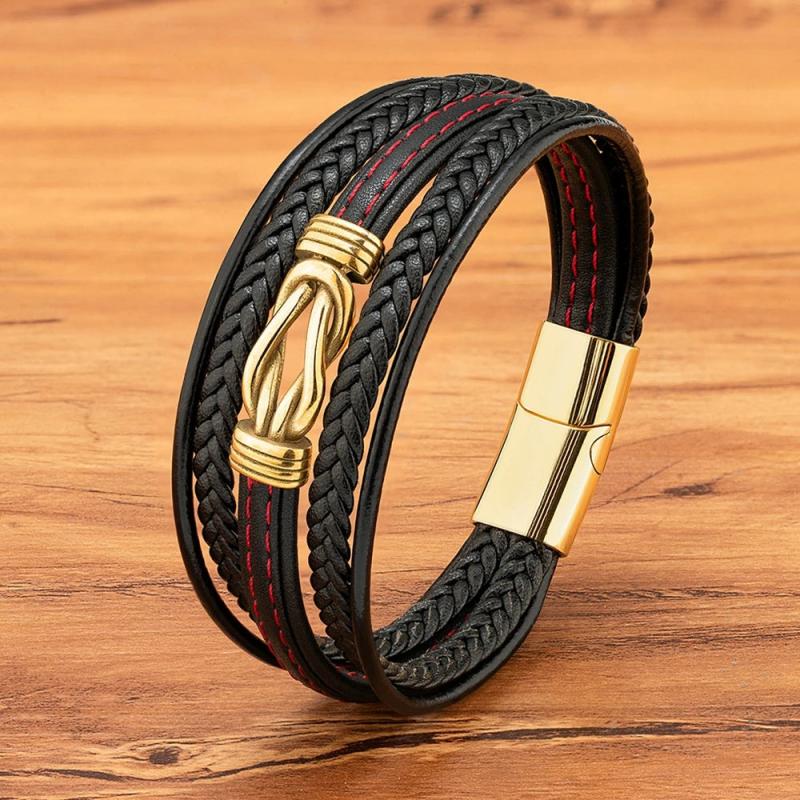 Multi-Layer Leather Bracelet with Stainless Steel Buckle for Men