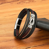 Multi-Layer Leather Bracelet with Stainless Steel Buckle for Men