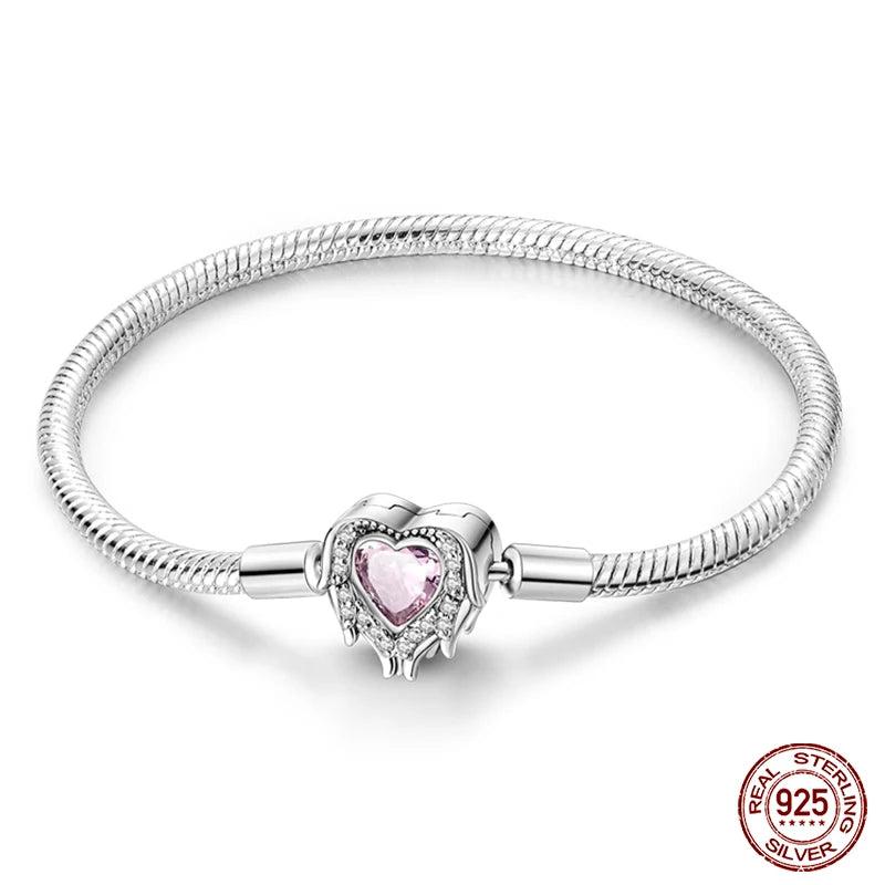 925 Silver Snake Chain Heart Zircon Lock Bracelet DIY Jewelry Gift