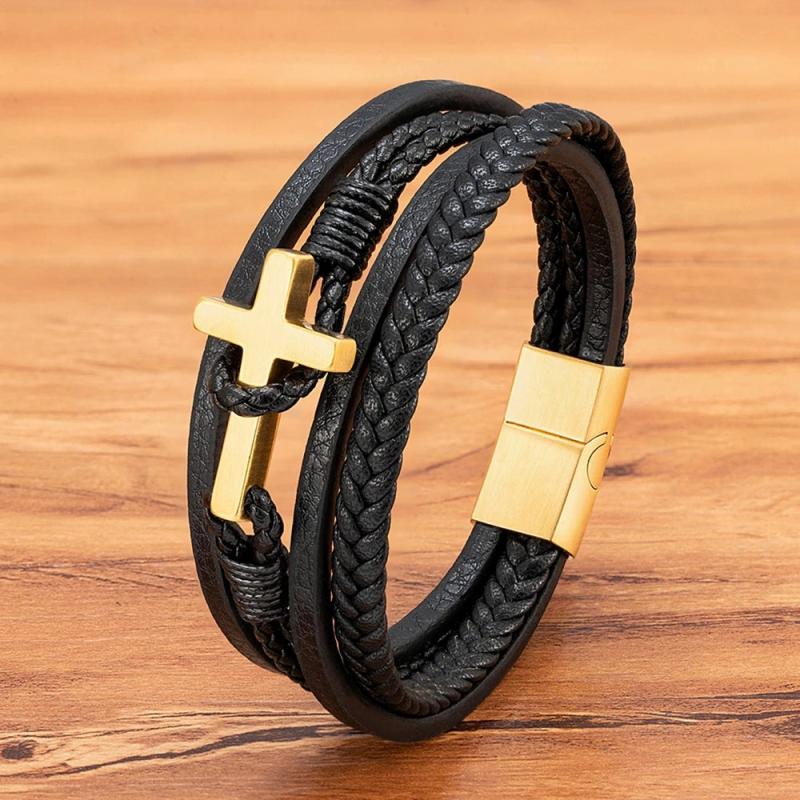 Men's Leather Bracelet Stainless Steel Magnet Clasp Charms Punk Bangle