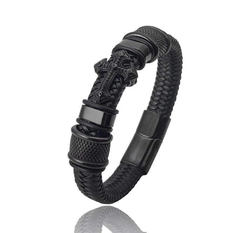 Dark Leather Cross Bracelet Hand-woven Rope Stainless Steel Male Jewelry