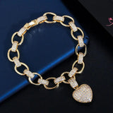 CWWZircons Yellow Plated Love Heart Cuban Chain Link Bracelet