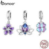 925 Silver Clover Pendant Purple Flower Beads Women Bracelet DIY