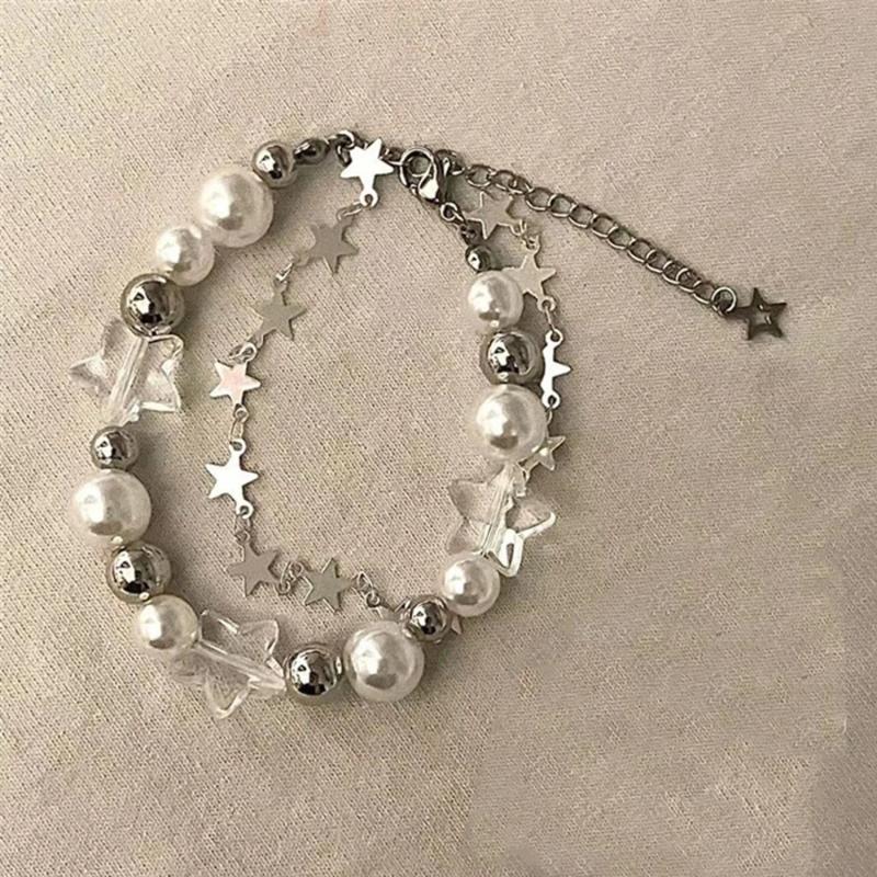 Harajuku Crystal Star Pentagram Pearl Beaded Bracelet For Women
