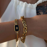 Square Charm Pendant Stainless Steel Bracelet for Women Adjustable CZ Bangle