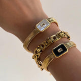 Square Charm Pendant Stainless Steel Bracelet for Women Adjustable CZ Bangle