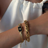 Square Charm Pendant Stainless Steel Bracelet for Women Adjustable CZ Bangle