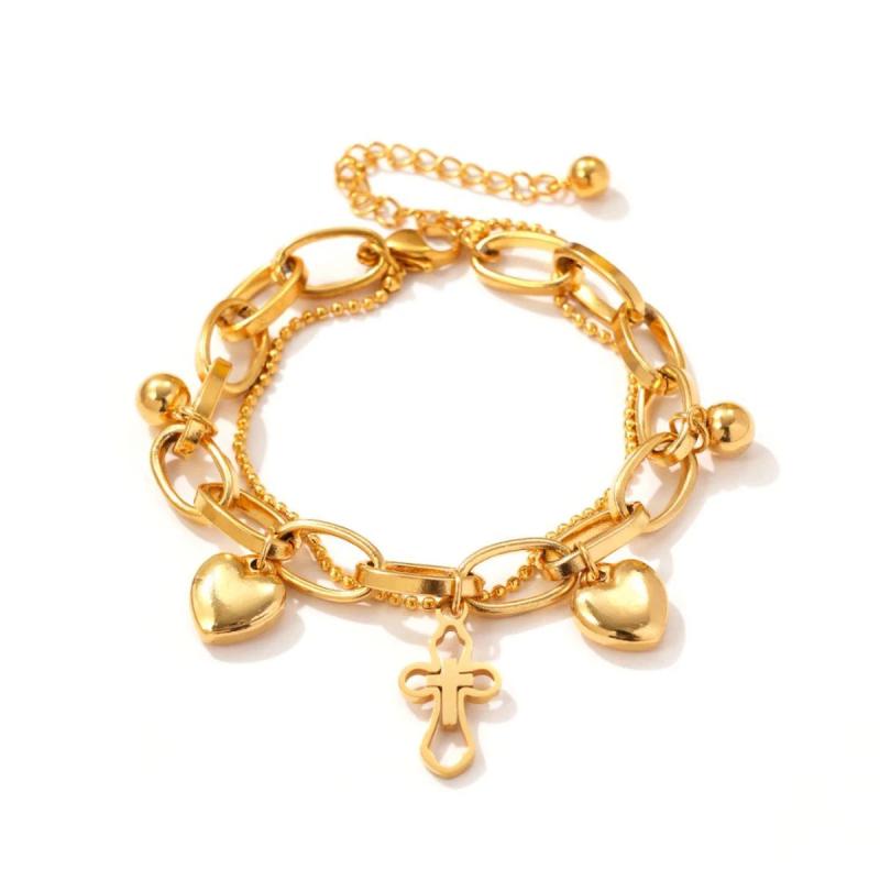 Stainless Steel Gold-Plated Layered Bracelet with Heart Cross Pendant