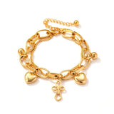 Stainless Steel Gold-Plated Layered Bracelet with Heart Cross Pendant