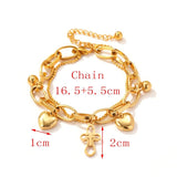 Stainless Steel Gold-Plated Layered Bracelet with Heart Cross Pendant