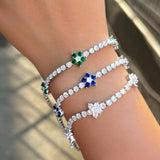 Green CZ Flower Charm Tennis Bracelet for Women Summer Party Engagement