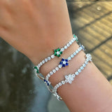Green CZ Flower Charm Tennis Bracelet for Women Summer Party Engagement