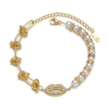 Women's Lip Rhinestone Charm Bracelet Stainless Steel Chain Plated Pearl Gift