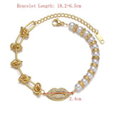 Women's Lip Rhinestone Charm Bracelet Stainless Steel Chain Plated Pearl Gift