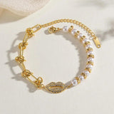 Women's Lip Rhinestone Charm Bracelet Stainless Steel Chain Plated Pearl Gift