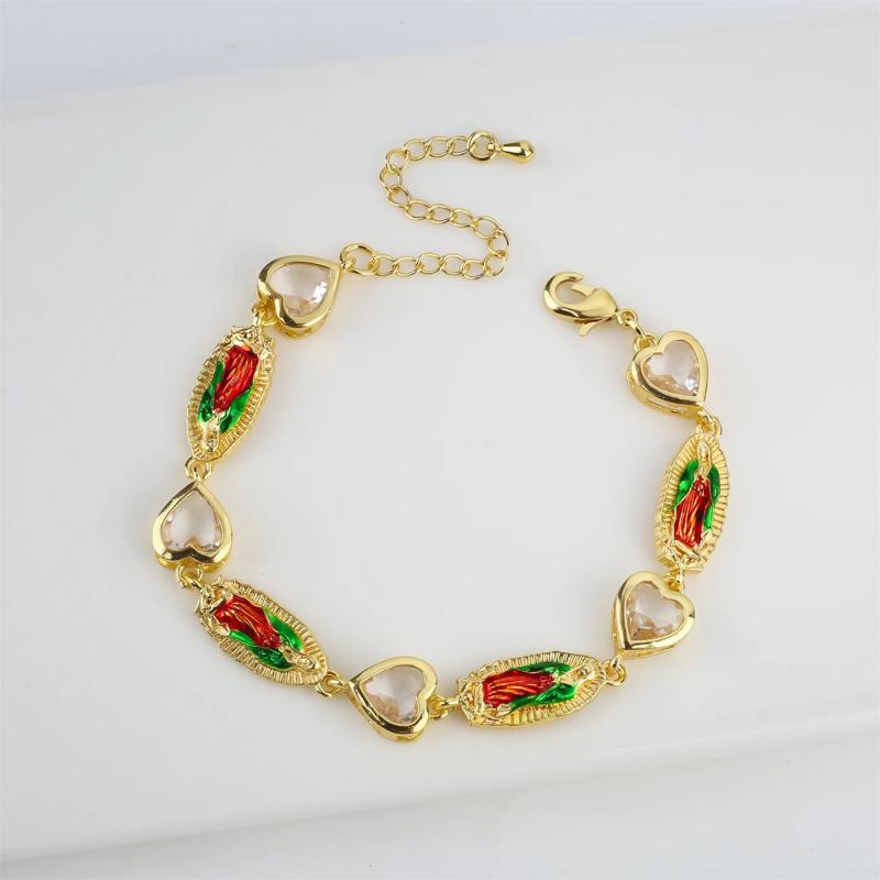 Virgin Mary Heart Bracelet Women Tennis CZ Crystal Green Pink Charm Jewelry