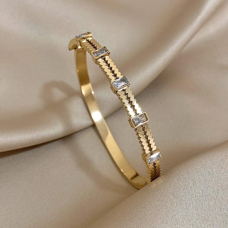 Crystal Zircon Stainless Steel Thin Cuff Bangle for Women