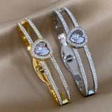 Crystal Zircon Heart Bracelet Stainless Steel Hollow Charm Gift