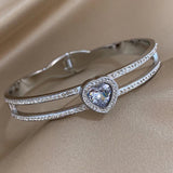 Crystal Zircon Heart Bracelet Stainless Steel Hollow Charm Gift