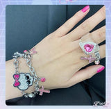 Y2K Pink Bow Rhinestone Skull Bracelet Gothic Harajuku Jewelry