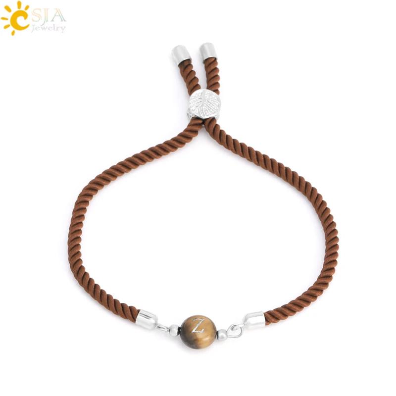 A-Z Initial Stone Bead Charm Bracelet Adjustable Nylon Rope