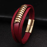 Red Leather Chain Link Cuff Charm Bracelet