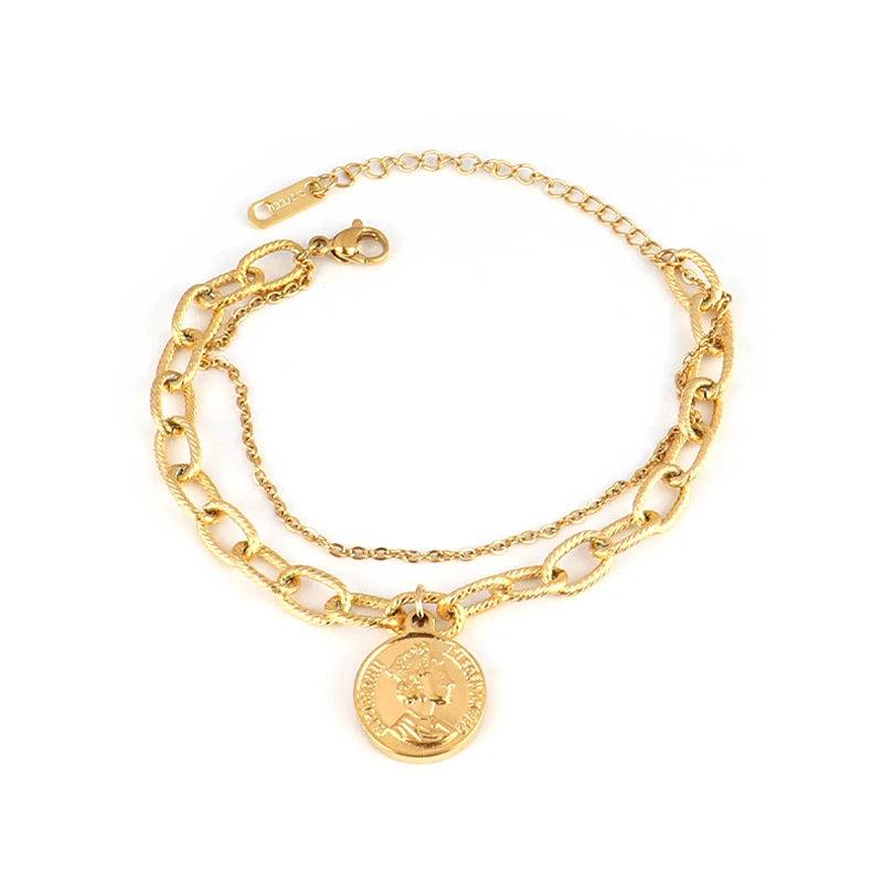 Women's Stainless Steel Charm Bracelet Double Layer Coin Pendant Jewelry