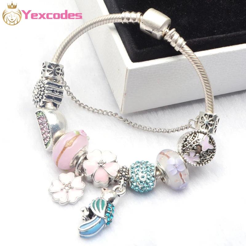 Pink Flower Charm Bracelet DIY Petal Glass Beads Ladies Bracelet