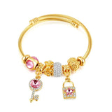 316L Stainless Steel Beaded Pink Zircon Key Lock Pendant Bracelet