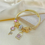 316L Stainless Steel Beaded Pink Zircon Key Lock Pendant Bracelet