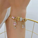 316L Stainless Steel Beaded Pink Zircon Key Lock Pendant Bracelet