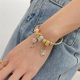 316L Stainless Steel Beaded Pink Zircon Key Lock Pendant Bracelet