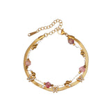 Bohemian Pink Bead Butterfly Charm Rhinestone Layered Bracelet