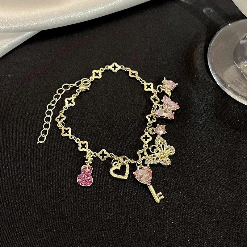 Charming Bracelet Women Jewelry Butterfly Heart Pink Lovely Girly Heart Bracelet