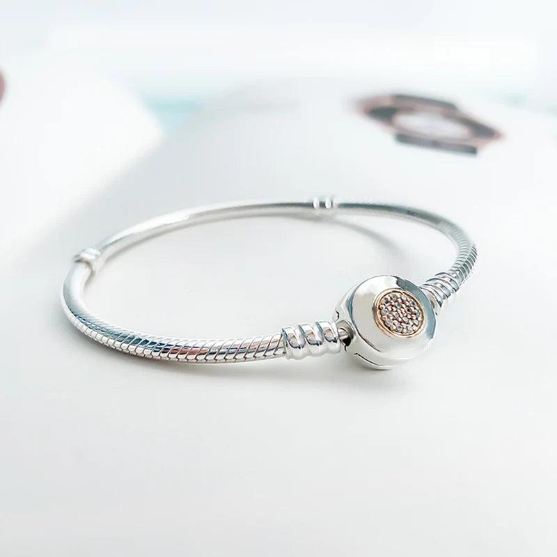 Silver Snake Chain Bracelet with Zircon Rim for Charms Beads