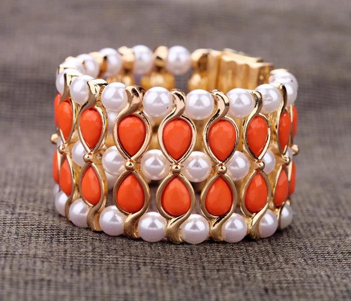 Orange Resin Bead Magnet Bangle Pearl Chains Charm Bracelet
