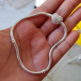 925 Snake Chain Bracelet with Heart Clasp for European Charm Beads