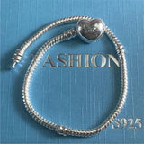 925 Snake Chain Bracelet with Heart Clasp for European Charm Beads