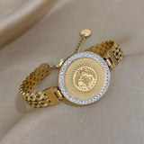 Chunky Rhinestone Round Stainless Steel Charm Bracelet for Women Men