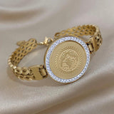 Chunky Rhinestone Round Stainless Steel Charm Bracelet for Women Men