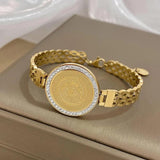 Chunky Rhinestone Round Stainless Steel Charm Bracelet for Women Men