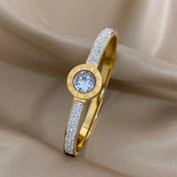 Zircon Stainless Steel Cuff Bangle Women Charm Cubic Zirconia Crystal Bracelet