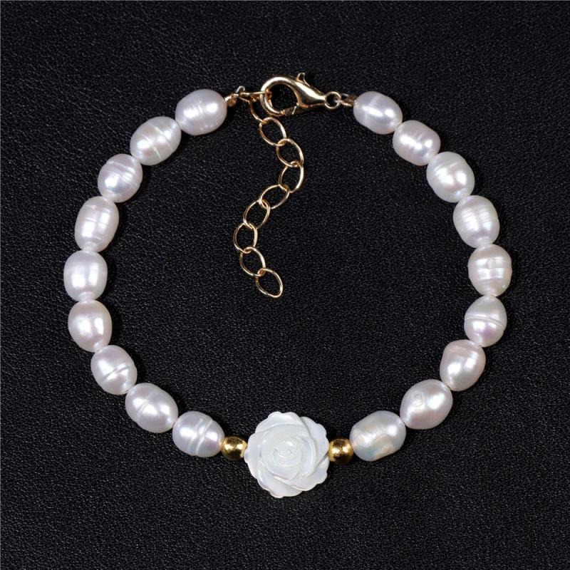 Baroque Natural Pearls Beads Bracelet with Shell Rose Flower Charm